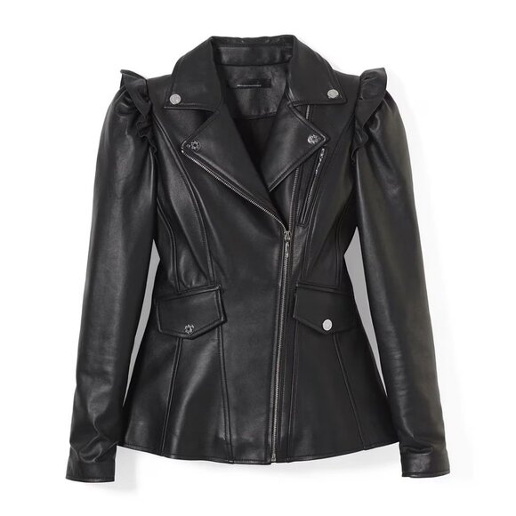 White House Black Market Jackets & Blazers - WHBM $500 Genuine Leather Motorcycle Moto Jacket Ruffled Shoulders M